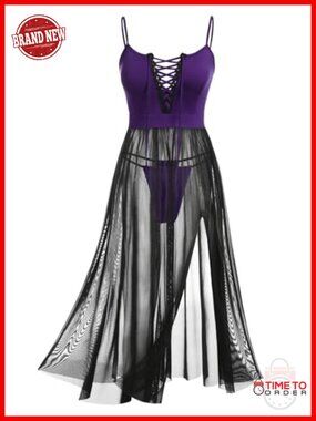 Plus Size Lace-Up Sheer Mesh Maxi Babydoll Chemise Nightgown with Thong